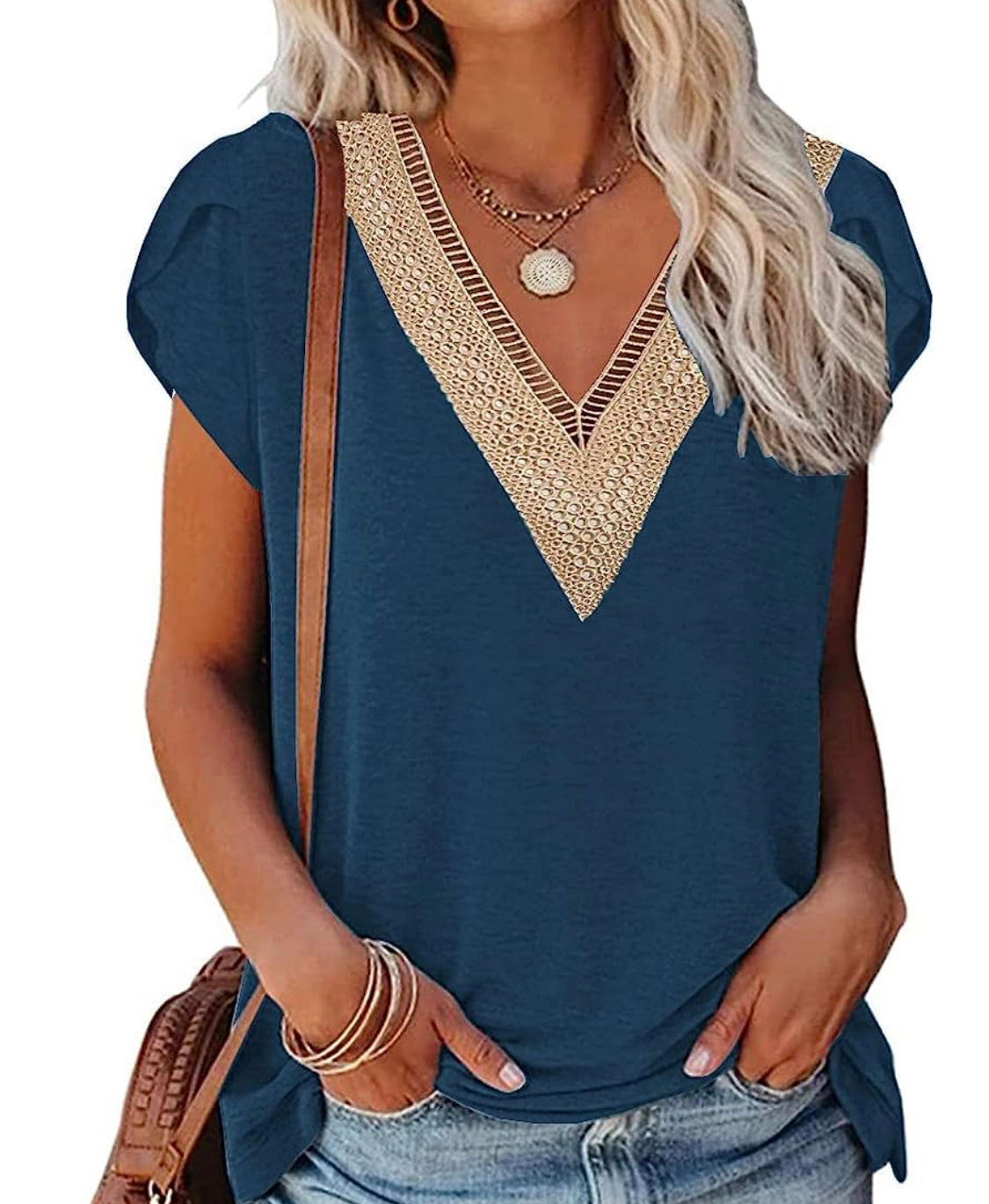 Cap Sleeve Lace V Neck Blouse